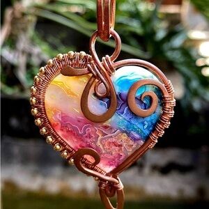 Dyed Rainbow Lace Agate Heart Pendant: Copper Wire Wrapped Boho Necklace